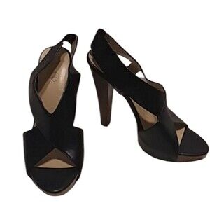 Nine&CO JJFACIO Black and Wood Look Open Toe High Heel Platform Sandals 9M